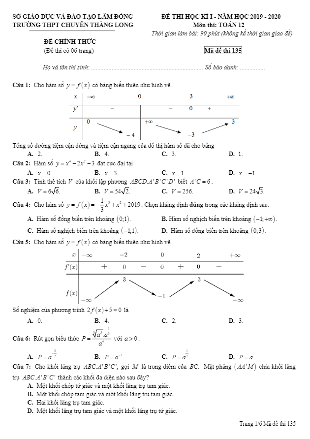 Đề thi HKI Toán 12 năm 2019 – 2020 trường chuyên Thăng Long – Lâm Đồng