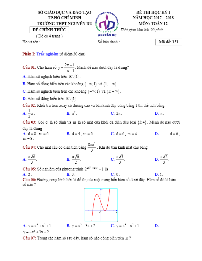 Đề thi HKI Toán 12 năm học 2017 – 2018 trường THPT Nguyễn Du – TP. HCM