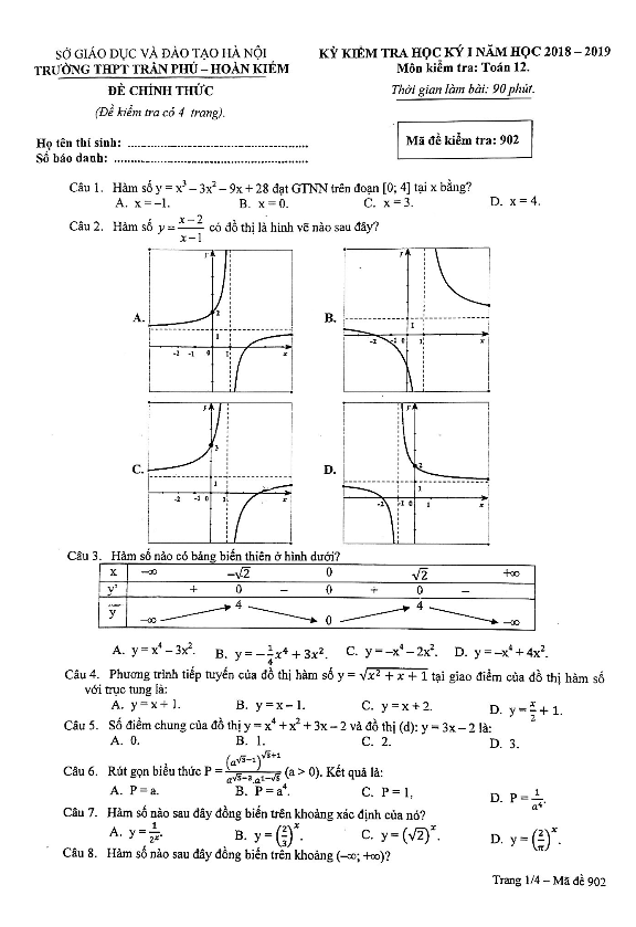 Đề thi HKI Toán 12 năm học 2018 – 2019 trường THPT Trần Phú – Hoàn Kiếm – Hà Nội