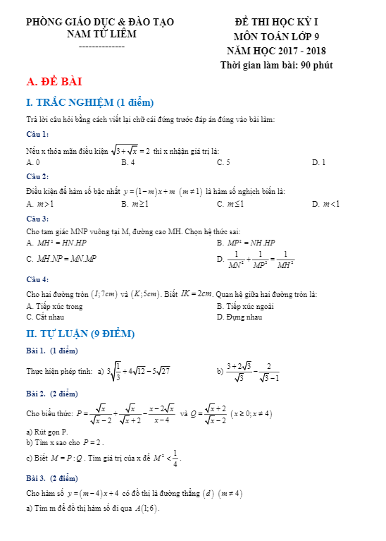 Đề thi HKI Toán 9 năm học 2017 – 2018 phòng GD và ĐT Nam Từ Liêm – Hà Nội