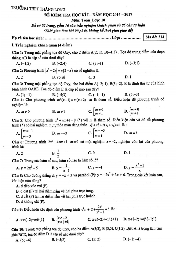 Đề thi học kì 1 Toán 10 năm 2016 – 2017 trường THPT Thăng Long – Hà Nội