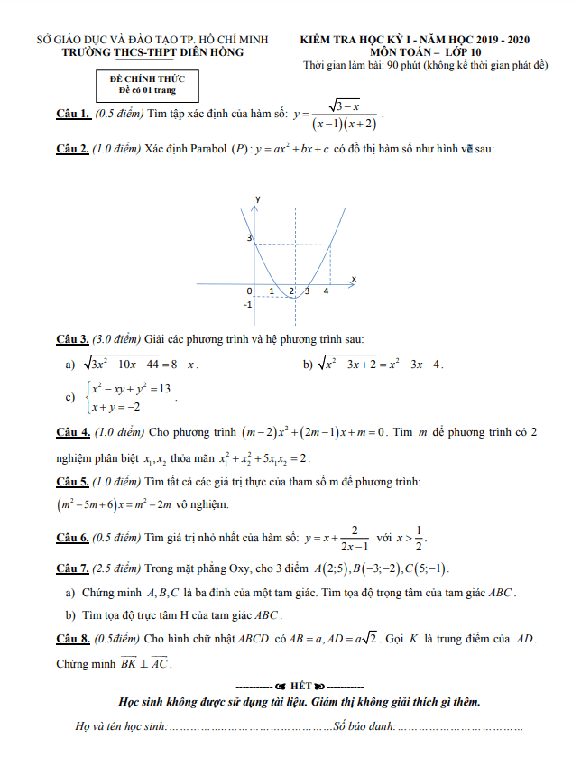 Đề thi học kì 1 Toán 10 năm 2019 – 2020 trường Diên Hồng – TP HCM