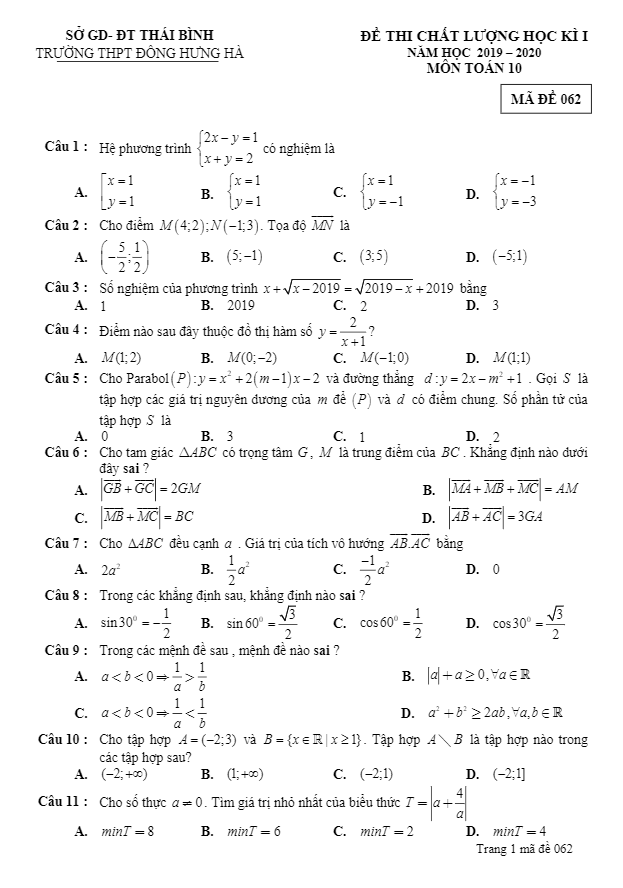 Đề thi học kì 1 Toán 10 năm 2019 – 2020 trường Đông Hưng Hà – Thái Bình