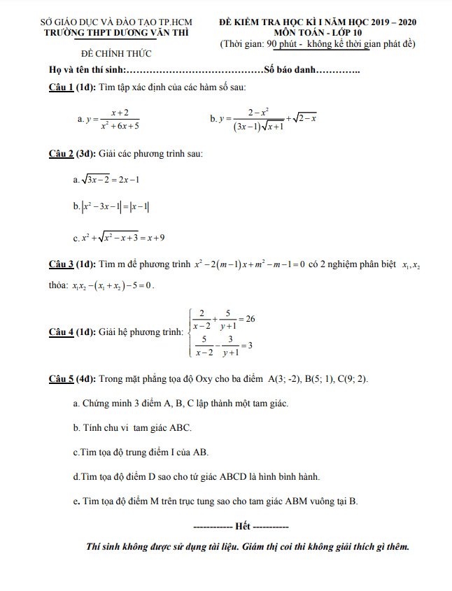 Đề thi học kì 1 Toán 10 năm 2019 – 2020 trường Dương Văn Thì – TP HCM