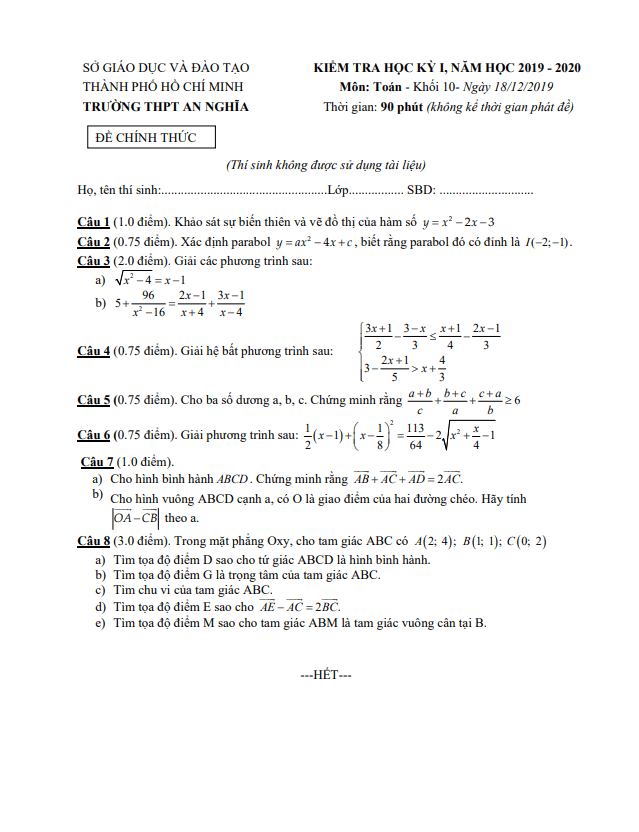 Đề thi học kì 1 Toán 10 năm 2019 – 2020 trường THPT An Nghĩa – TP HCM