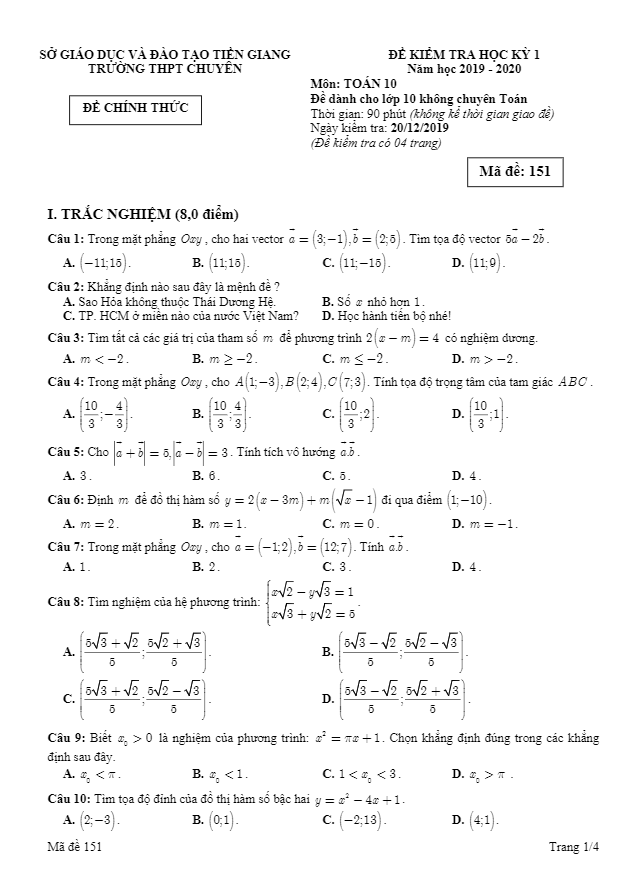 Đề thi học kì 1 Toán 10 năm 2019 – 2020 trường THPT chuyên Tiền Giang