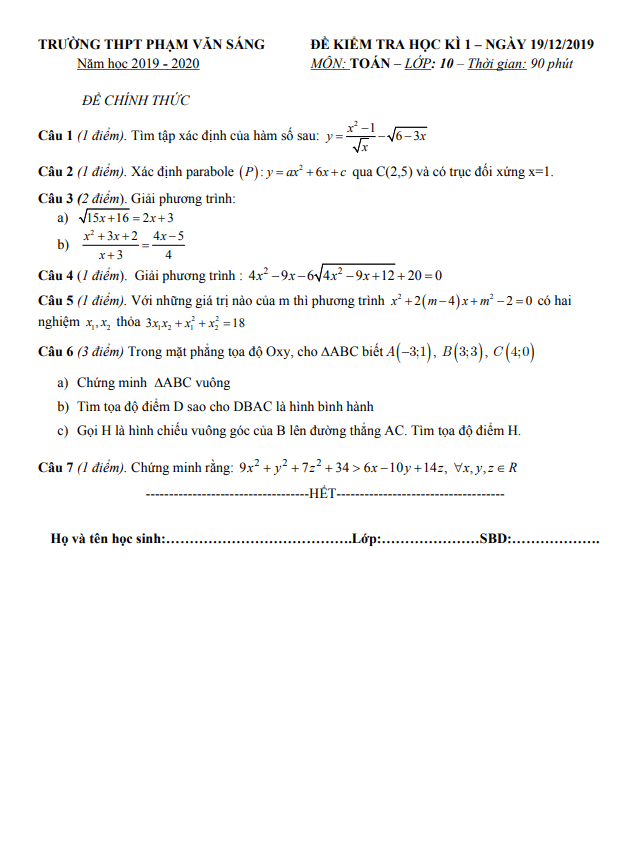 Đề thi học kì 1 Toán 10 năm 2019 – 2020 trường THPT Phạm Văn Sáng – TP HCM