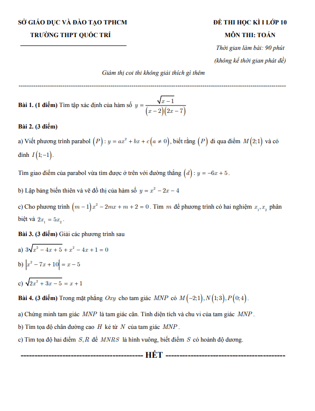 Đề thi học kì 1 Toán 10 năm 2019 – 2020 trường THPT Quốc Trí – TP HCM