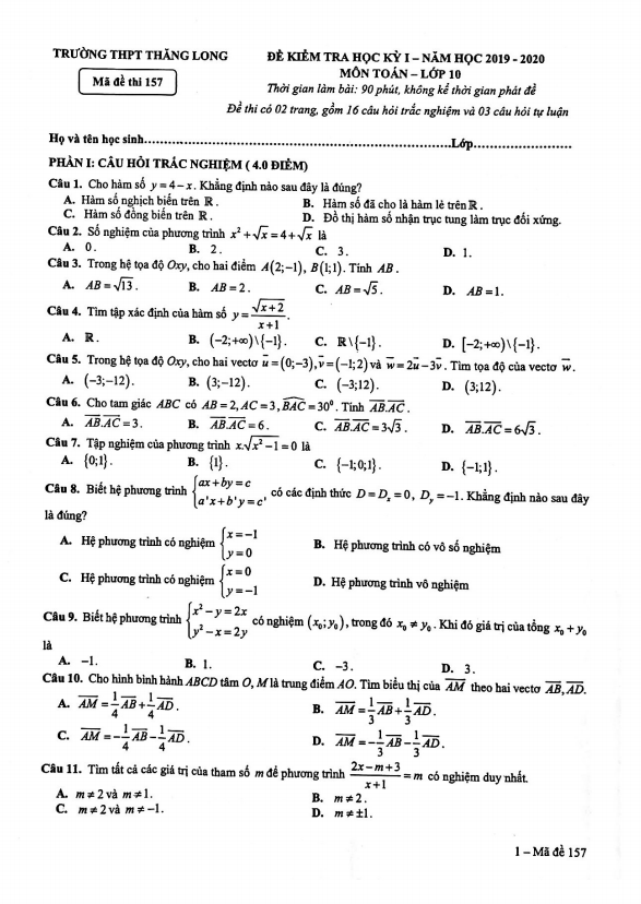Đề thi học kì 1 Toán 10 năm 2019 – 2020 trường THPT Thăng Long – Hà Nội