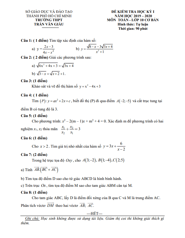 Đề thi học kì 1 Toán 10 năm 2019 – 2020 trường THPT Trần Văn Giàu – TP HCM