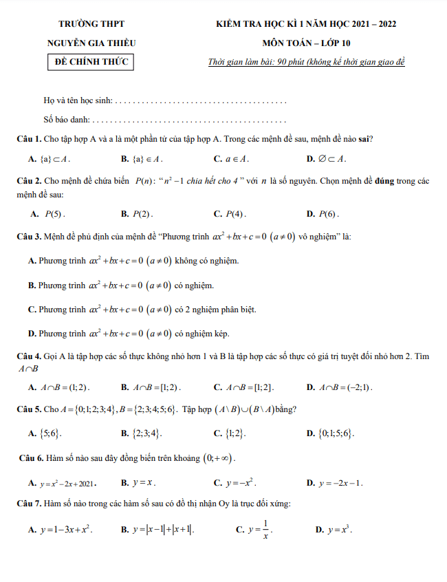 Đề thi học kì 1 Toán 10 năm 2021 – 2022 trường THPT Nguyễn Gia Thiều – Hà Nội