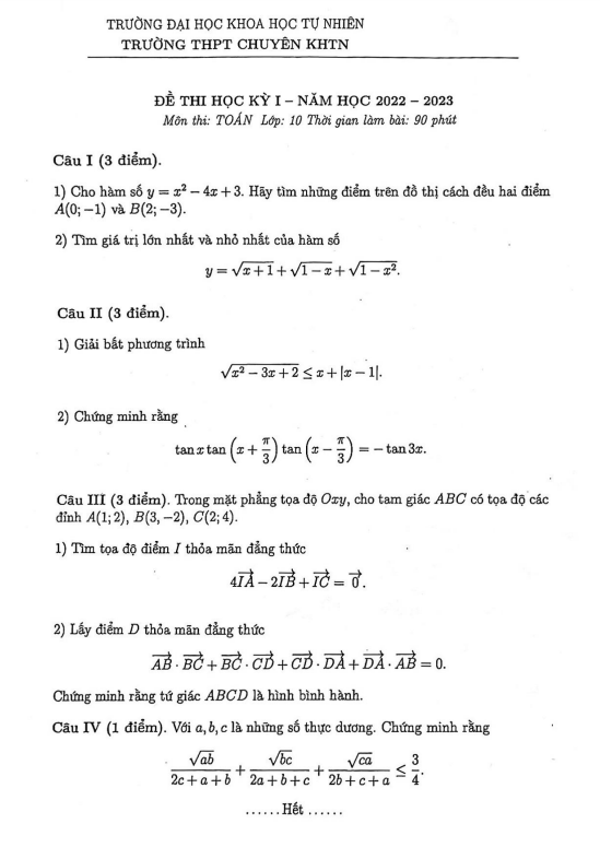 Đề thi học kì 1 Toán 10 năm 2022 – 2023 trường chuyên KHTN – Hà Nội