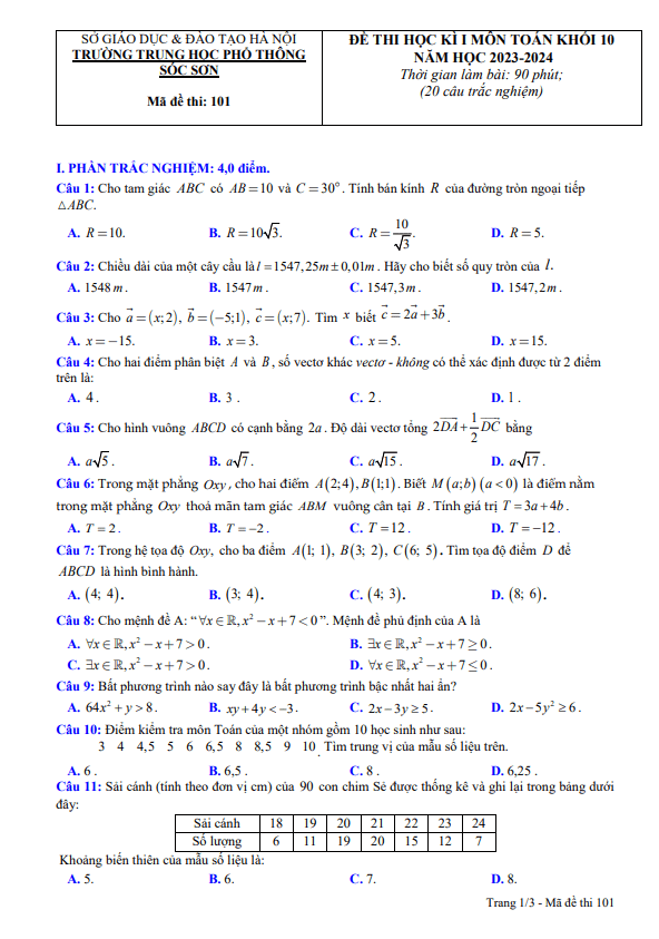 Đề thi học kì 1 Toán 10 năm 2023 – 2024 trường THPT Sóc Sơn – Hà Nội