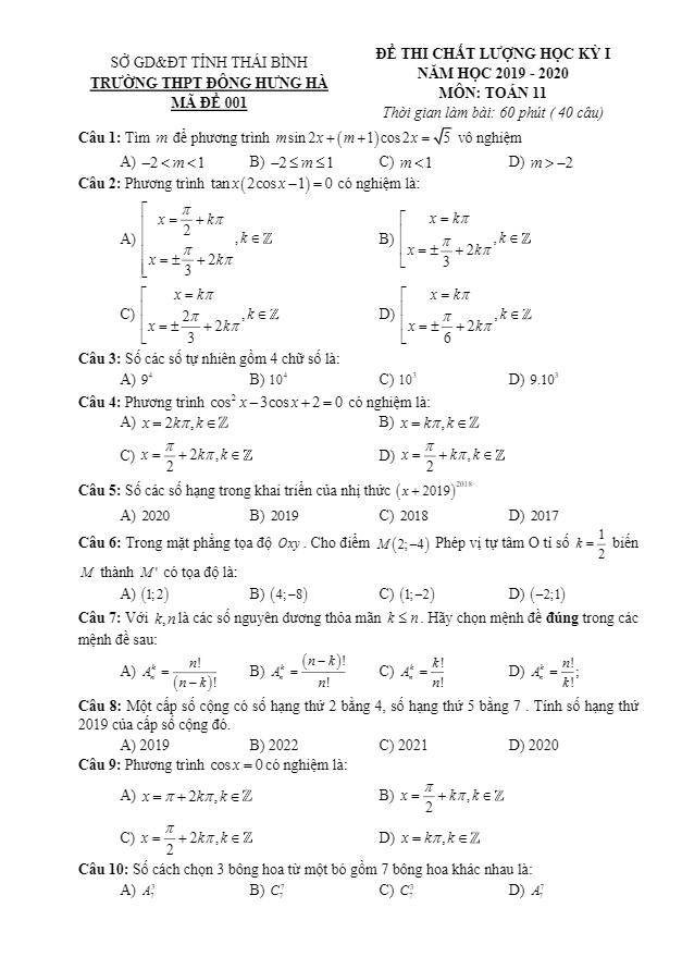 Đề thi học kì 1 Toán 11 năm 2019 – 2020 trường Đông Hưng Hà – Thái Bình