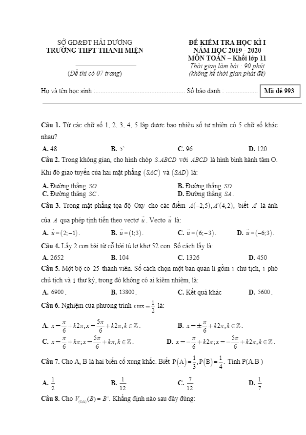 Đề thi học kì 1 Toán 11 năm 2019 – 2020 trường Thanh Miện – Hải Dương