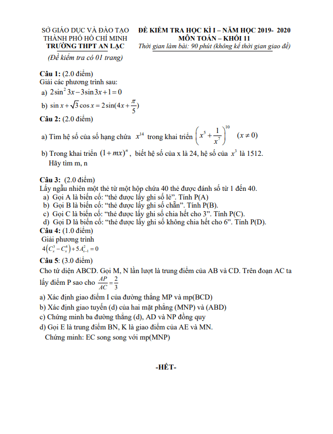 Đề thi học kì 1 Toán 11 năm 2019 – 2020 trường THPT An Lạc – TP HCM