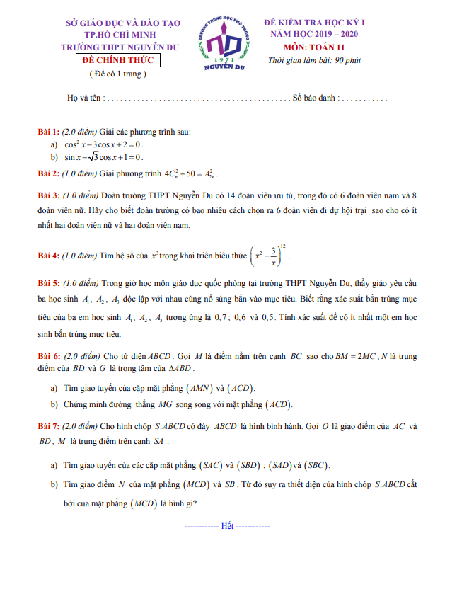 Đề thi học kì 1 Toán 11 năm 2019 – 2020 trường THPT Nguyễn Du – TP HCM