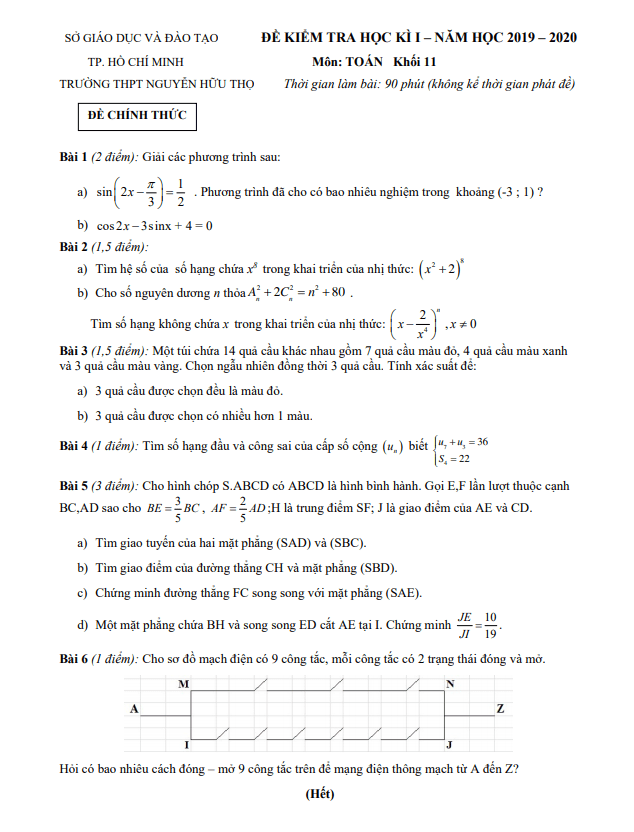 Đề thi học kì 1 Toán 11 năm 2019 – 2020 trường THPT Nguyễn Hữu Thọ – TP HCM