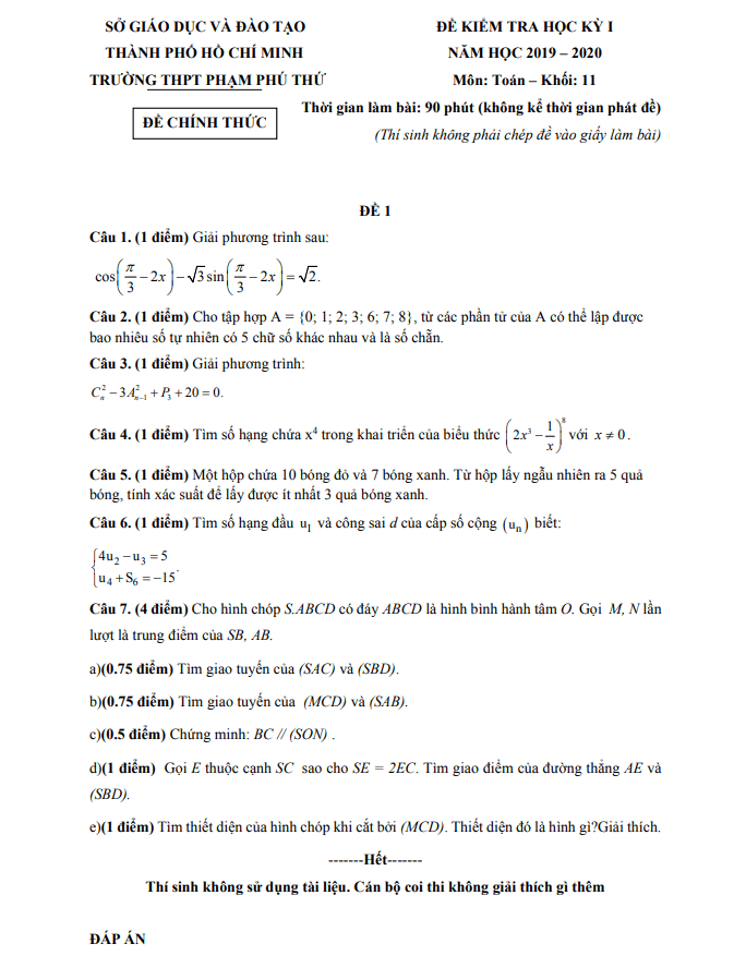 Đề thi học kì 1 Toán 11 năm 2019 – 2020 trường THPT Phạm Phú Thứ – TP HCM
