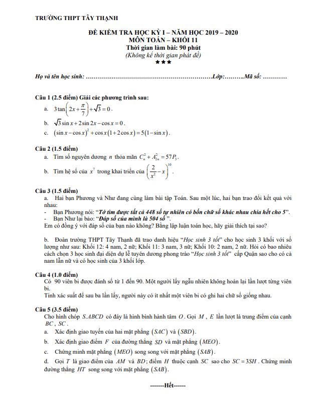 Đề thi học kì 1 Toán 11 năm 2019 – 2020 trường THPT Tây Thạnh – TP HCM