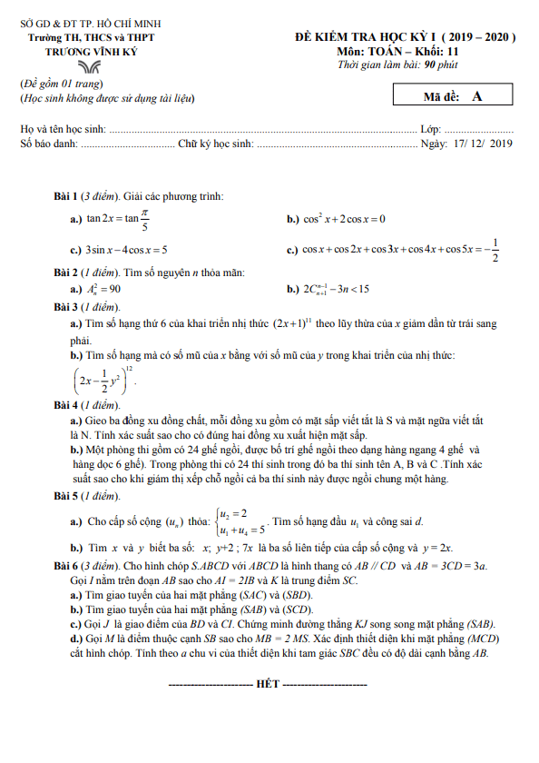 Đề thi học kì 1 Toán 11 năm 2019 – 2020 trường Trương Vĩnh Ký – TP HCM