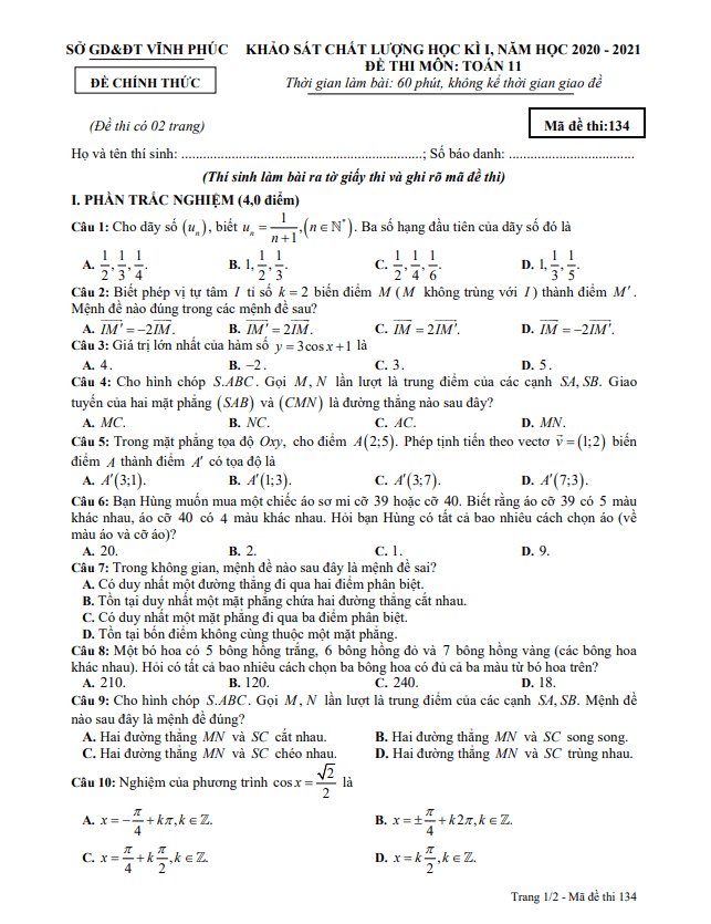 Đề thi học kì 1 Toán 11 năm học 2020 – 2021 sở GD&ĐT Vĩnh Phúc