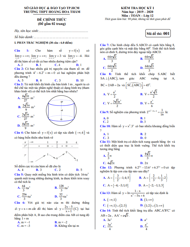 Đề thi học kì 1 Toán 12 năm 2019 – 2020 trường Hoàng Hoa Thám – TP HCM