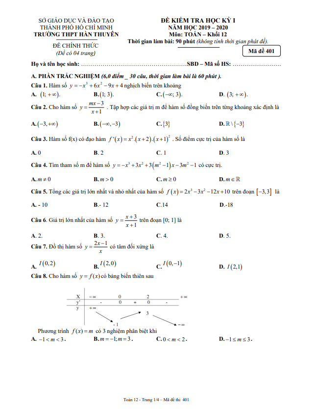 Đề thi học kì 1 Toán 12 năm 2019 – 2020 trường THPT Hàn Thuyên – TP HCM