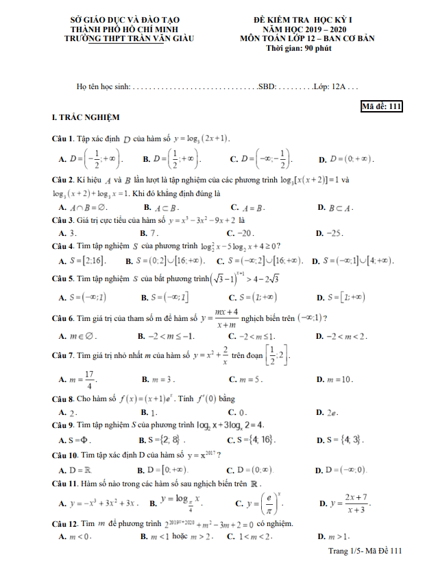 Đề thi học kì 1 Toán 12 năm 2019 – 2020 trường THPT Trần Văn Giàu – TP HCM