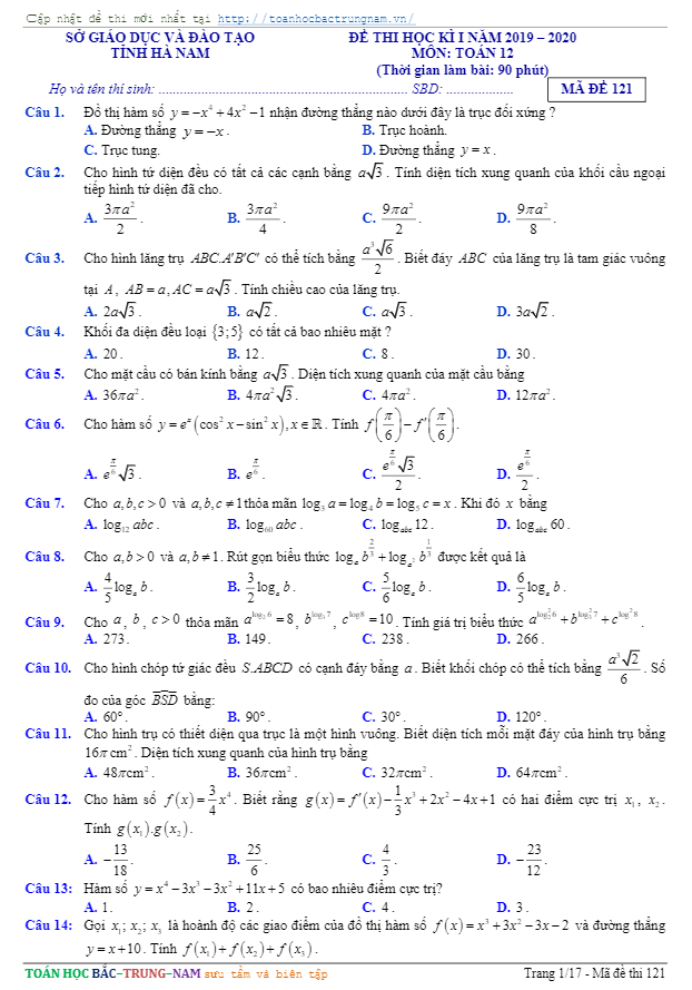 Đề thi học kì 1 Toán 12 năm học 2019 – 2020 sở GD&ĐT Hà Nam