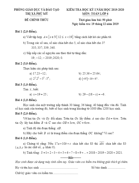 Đề thi học kì 1 Toán 6 năm 2019 – 2020 phòng GD&ĐT Phú Mỹ – BR VT
