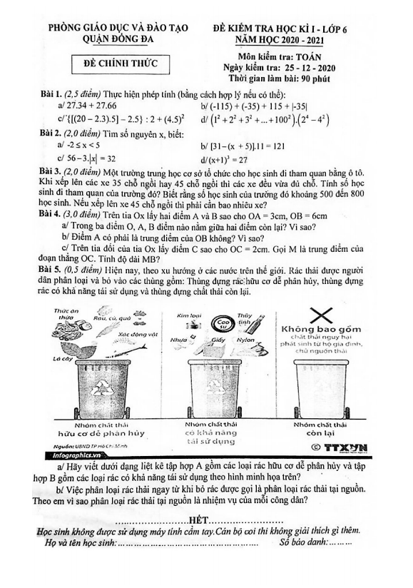 Đề thi học kì 1 Toán 6 năm 2020 – 2021 phòng GD&ĐT Đống Đa – Hà Nội