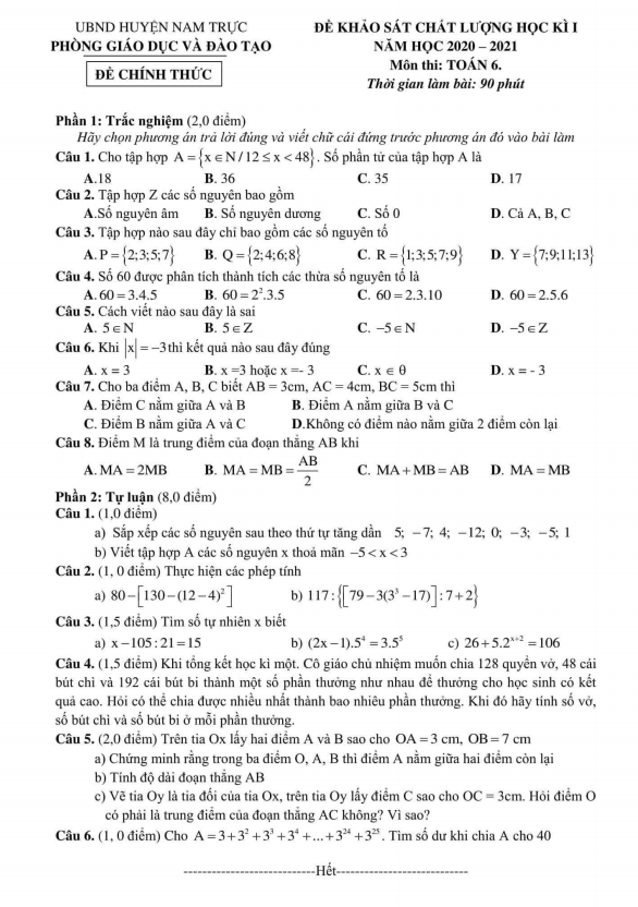 Đề thi học kì 1 Toán 6 năm 2020 – 2021 phòng GD&ĐT Nam Trực – Nam Định