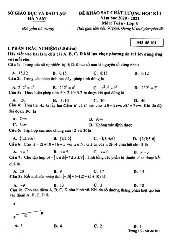 Đề thi học kì 1 Toán 6 năm học 2020 – 2021 sở GD&ĐT Hà Nam