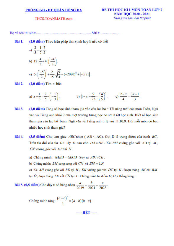 Đề thi học kì 1 Toán 7 năm 2020 – 2021 phòng GD&ĐT Đống Đa – Hà Nội