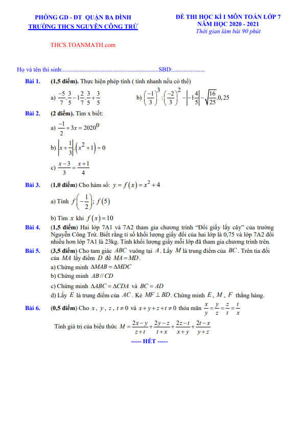 Đề thi học kì 1 Toán 7 năm 2020 – 2021 trường THCS Nguyễn Công Trứ – Hà Nội
