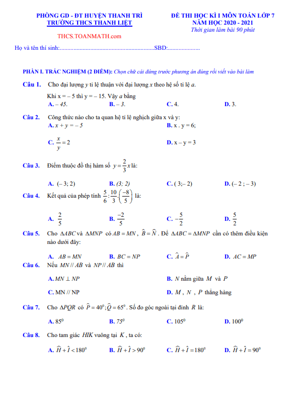 Đề thi học kì 1 Toán 7 năm 2020 – 2021 trường THCS Thanh Liệt – Hà Nội