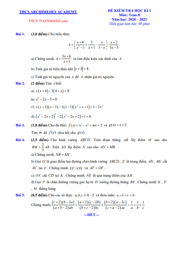 Đề thi học kì 1 Toán 8 năm 2020 – 2021 trường THCS Archimedes Academy – Hà Nội