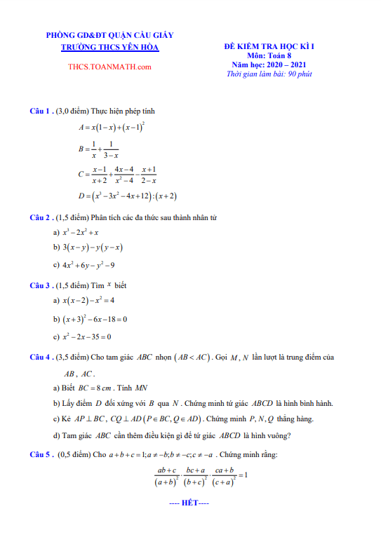 Đề thi học kì 1 Toán 8 năm 2020 – 2021 trường THCS Yên Hòa – Hà Nội