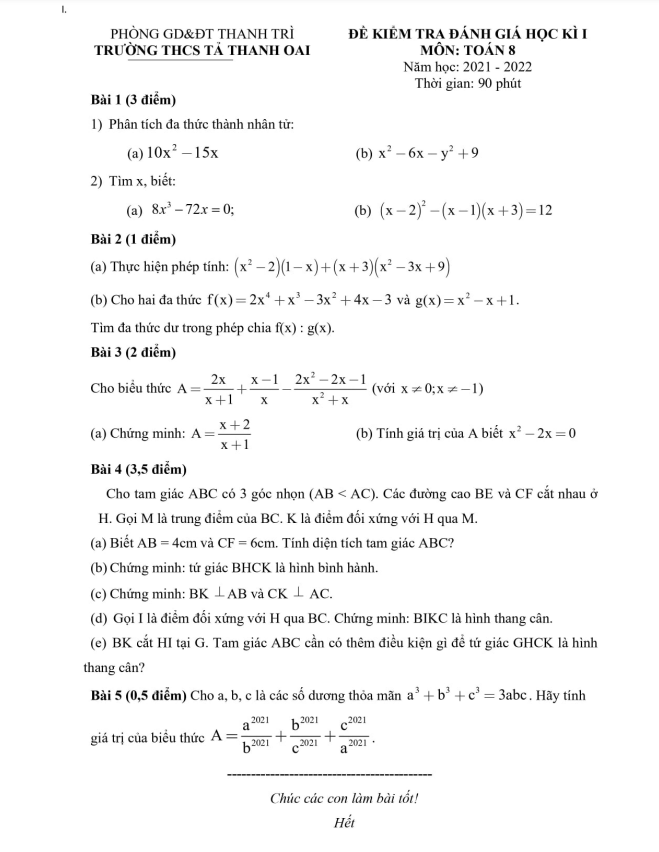 Đề thi học kì 1 Toán 8 năm 2021 – 2022 trường THCS Tả Thanh Oai – Hà Nội