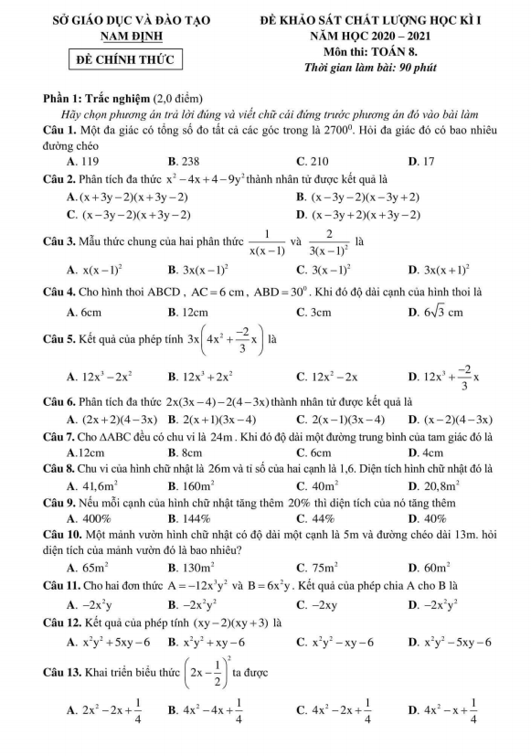 Đề thi học kì 1 Toán 8 năm học 2020 – 2021 sở GD&ĐT Nam Định