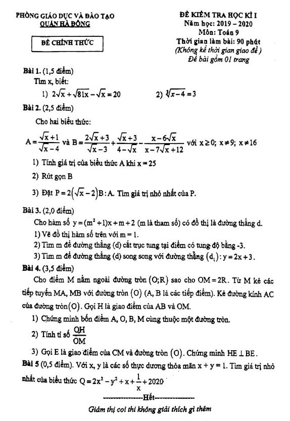 Đề thi học kì 1 Toán 9 năm 2019 – 2020 phòng GD&ĐT Hà Đông – Hà Nội