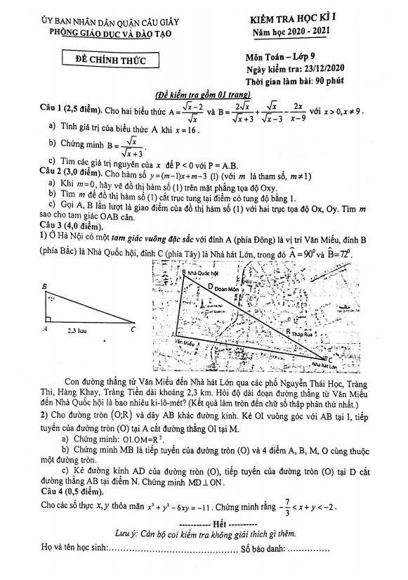 Đề thi học kì 1 Toán 9 năm 2020 – 2021 phòng GD&ĐT Cầu Giấy – Hà Nội