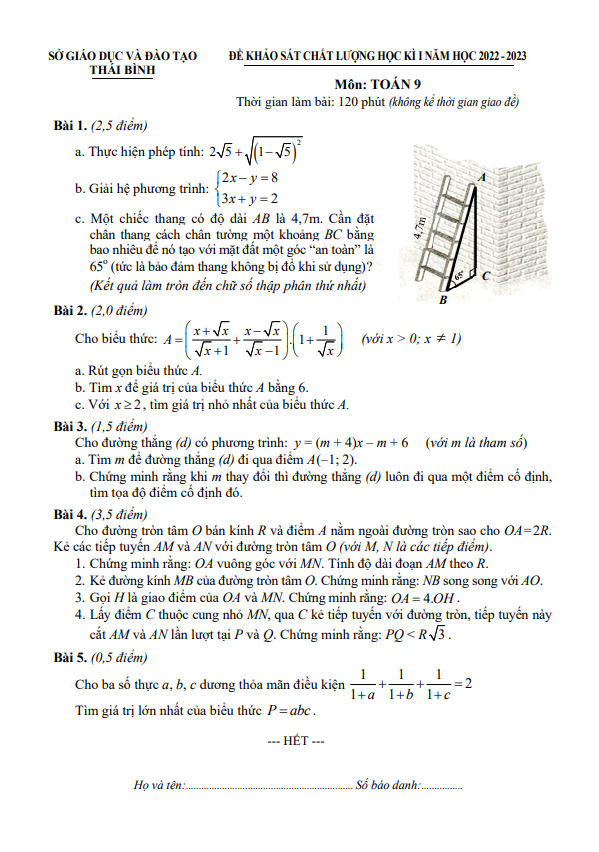 Đề thi học kì 1 Toán 9 năm 2022 – 2023 sở GD&ĐT Thái Bình