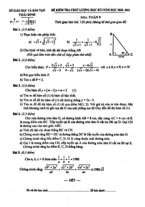 Đề thi học kì 1 Toán 9 năm học 2020 – 2021 sở GD&ĐT Thái Bình