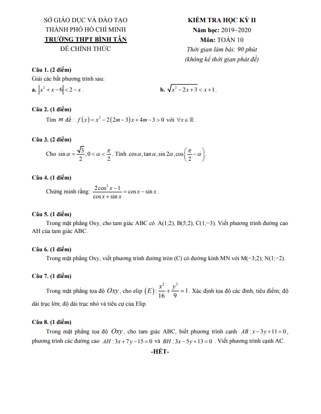 Đề thi học kì 2 Toán 10 năm 2019 – 2020 trường THPT Bình Tân – TP HCM