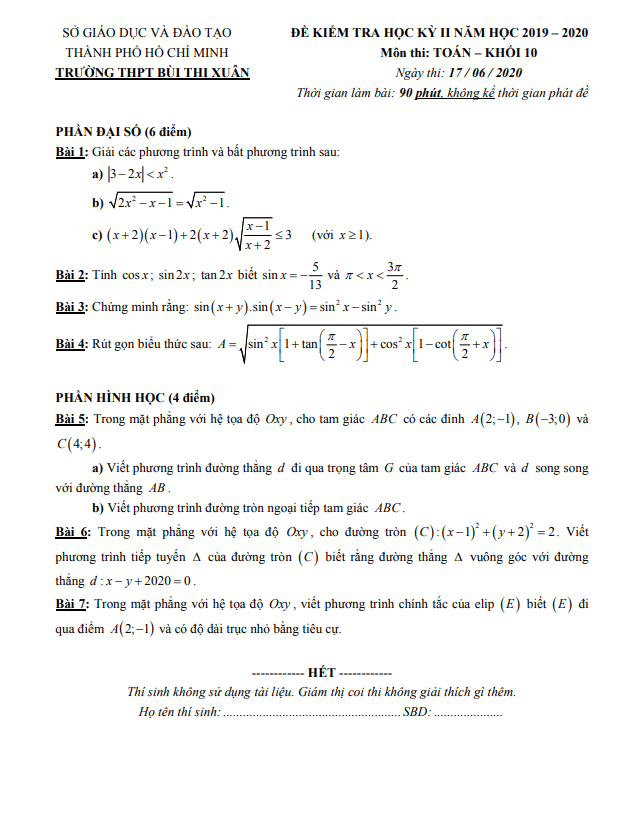 Đề thi học kì 2 Toán 10 năm 2019 – 2020 trường THPT Bùi Thị Xuân – TP HCM