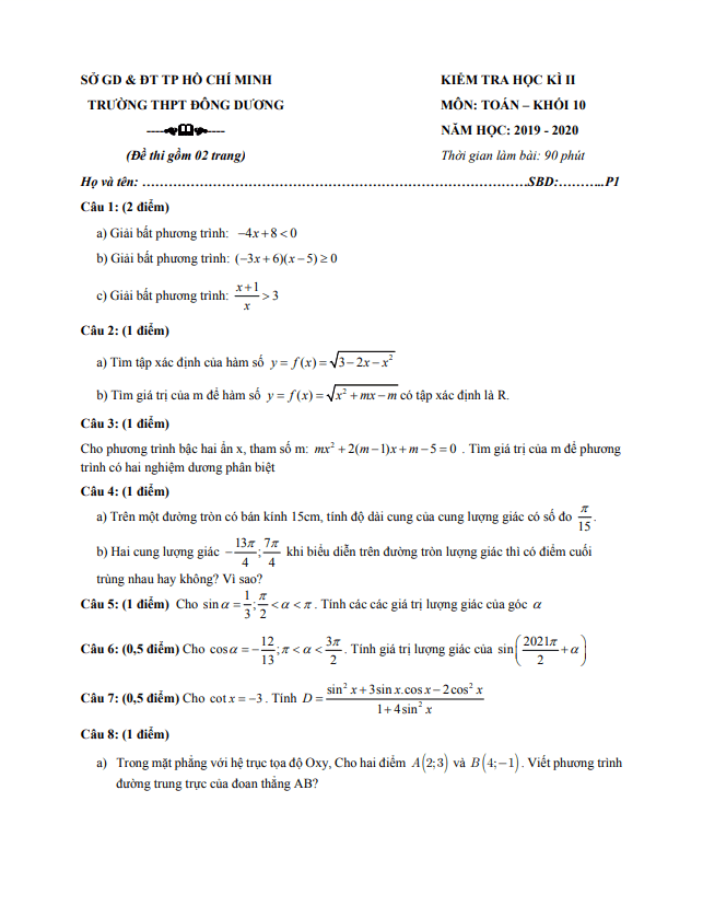 Đề thi học kì 2 Toán 10 năm 2019 – 2020 trường THPT Đông Dương – TP HCM