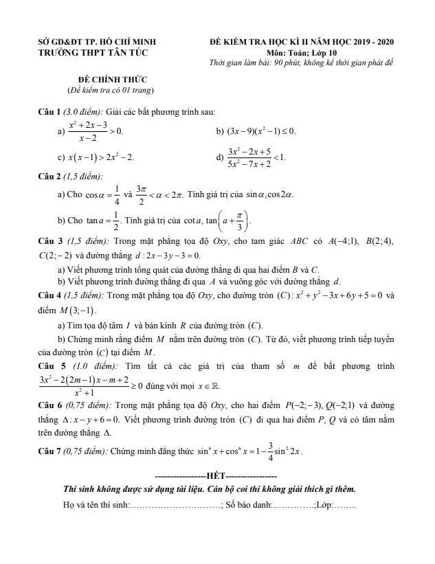 Đề thi học kì 2 Toán 10 năm 2019 – 2020 trường THPT Tân Túc – TP HCM