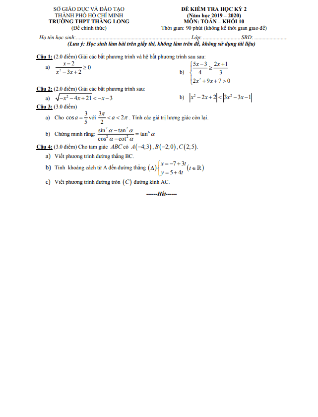 Đề thi học kì 2 Toán 10 năm 2019 – 2020 trường THPT Thăng Long – TP HCM